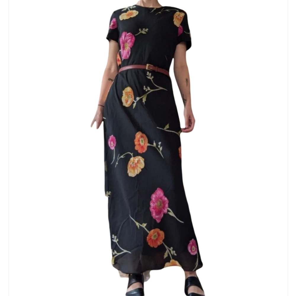 Vintage 90s Whimsigoth Black Floral Boho Maxi Dress Size 6